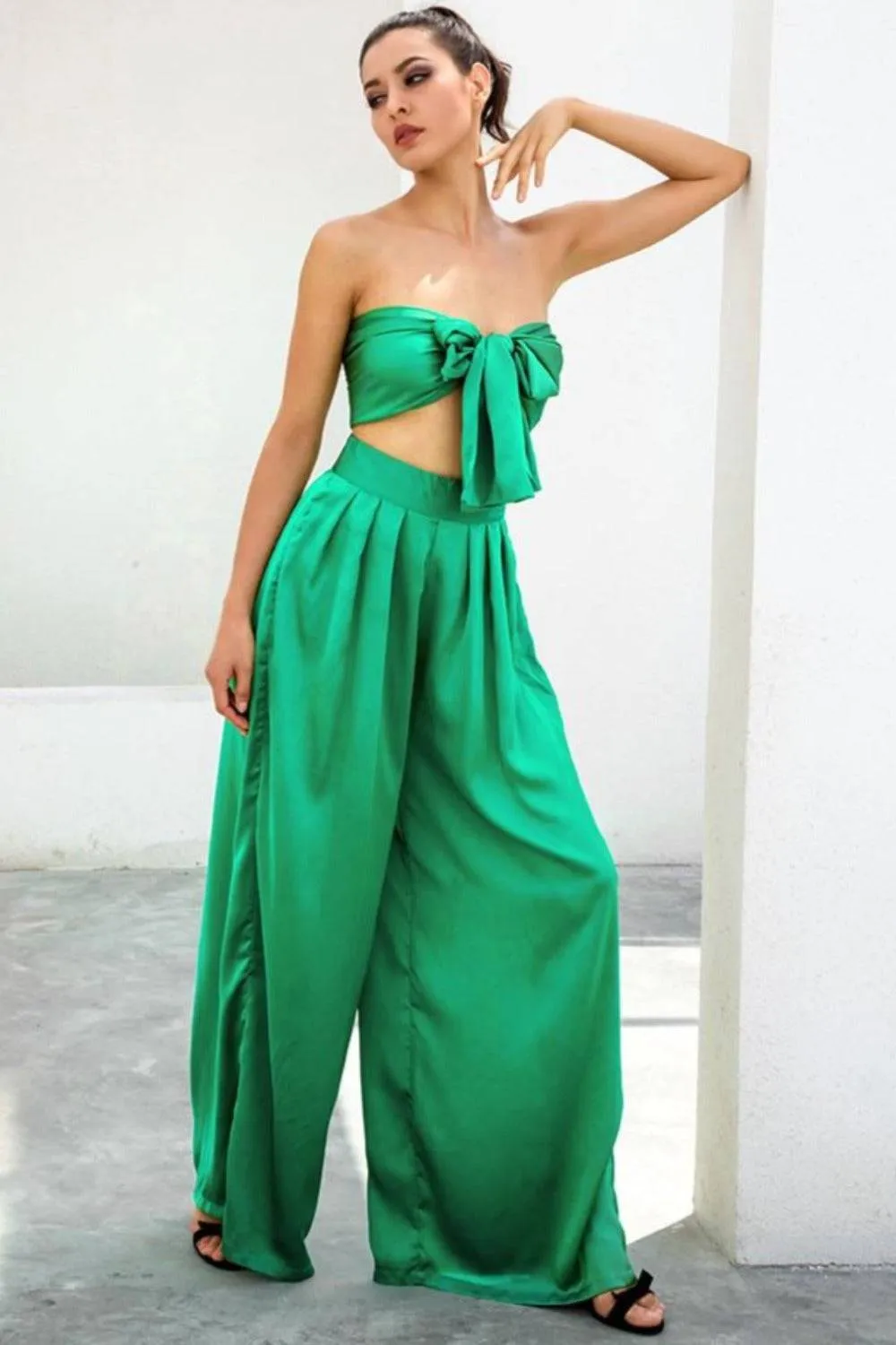 Emerald Green Strapless Wide Leg Pants Jumpsuit Set