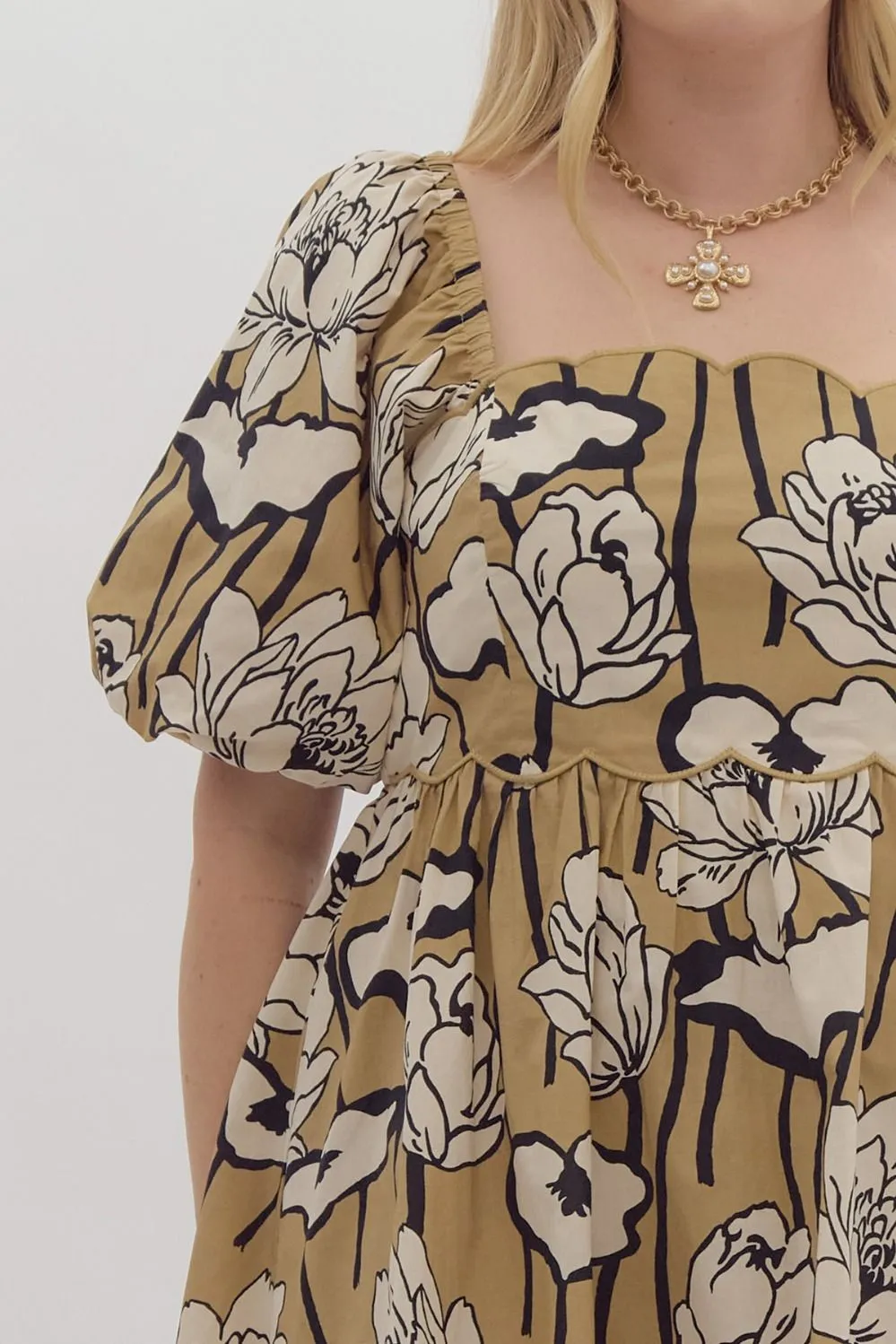 Emily Floral Print Square Neck Cress || Black & Taupe