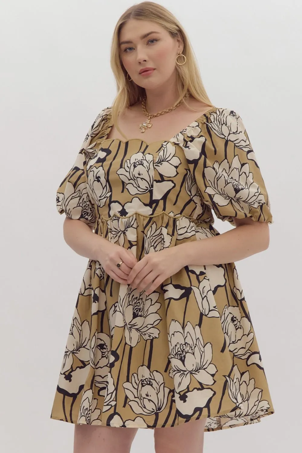Emily Floral Print Square Neck Cress || Black & Taupe
