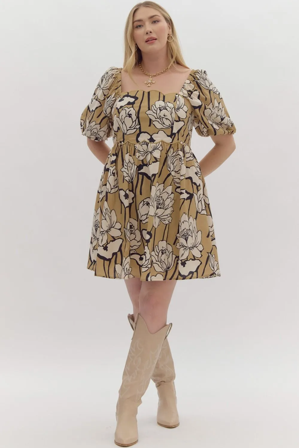 Emily Floral Print Square Neck Cress || Black & Taupe
