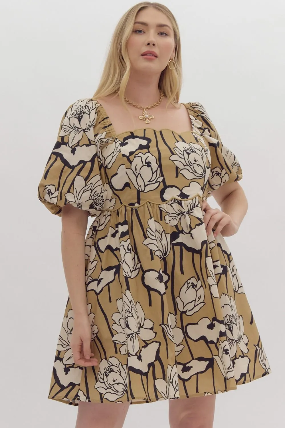 Emily Floral Print Square Neck Cress || Black & Taupe