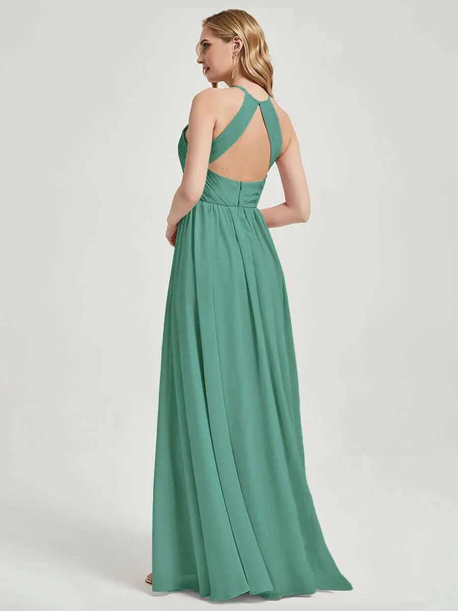 Eucalyptus Halter Pleated Keyhole Back Chiffon Maxi Bridesmaid Dress