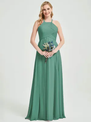 Eucalyptus Halter Pleated Keyhole Back Chiffon Maxi Bridesmaid Dress
