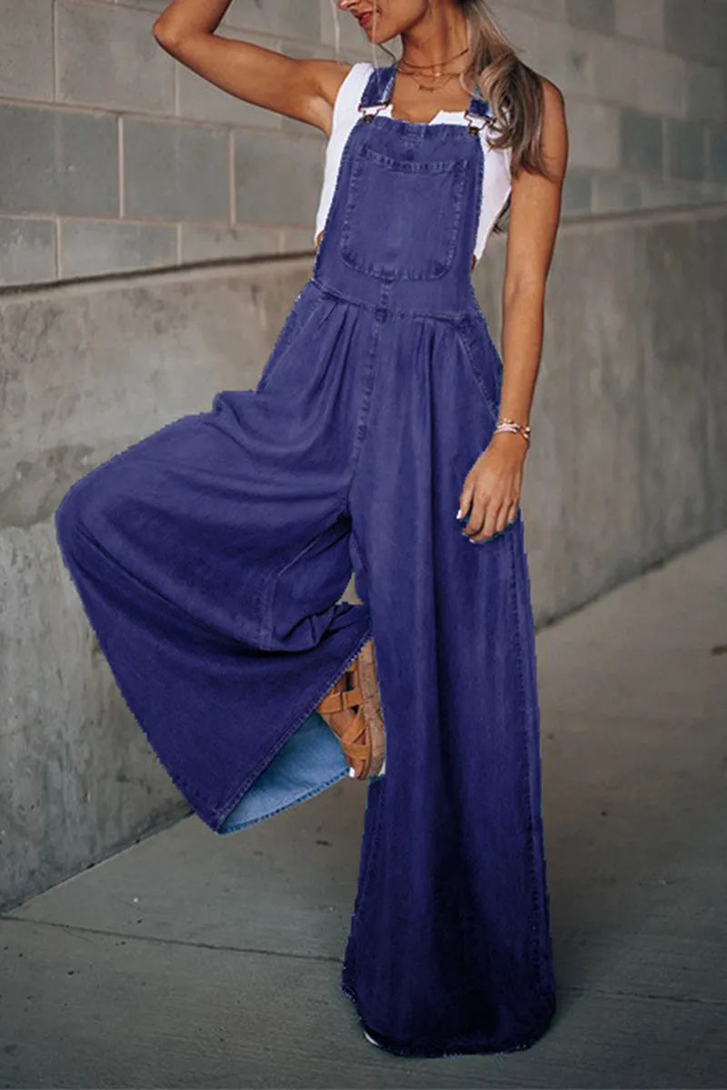 Fashion Casual Solid Pocket Spaghetti Strap Loose Jumpsuits(3 Colors)