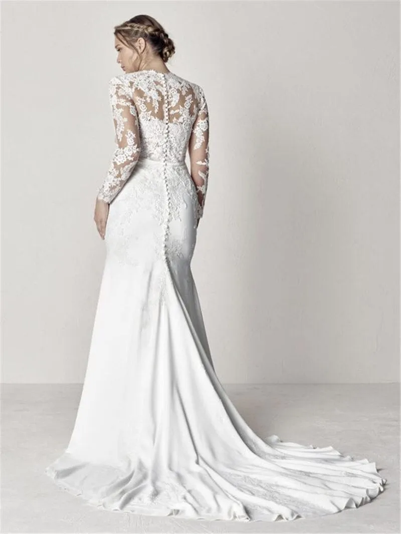 Fashionable V-Neck Lace Appliques Mermaid Wedding Dresses