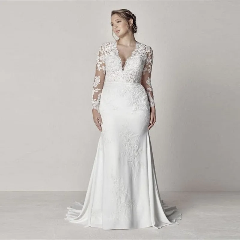 Fashionable V-Neck Lace Appliques Mermaid Wedding Dresses