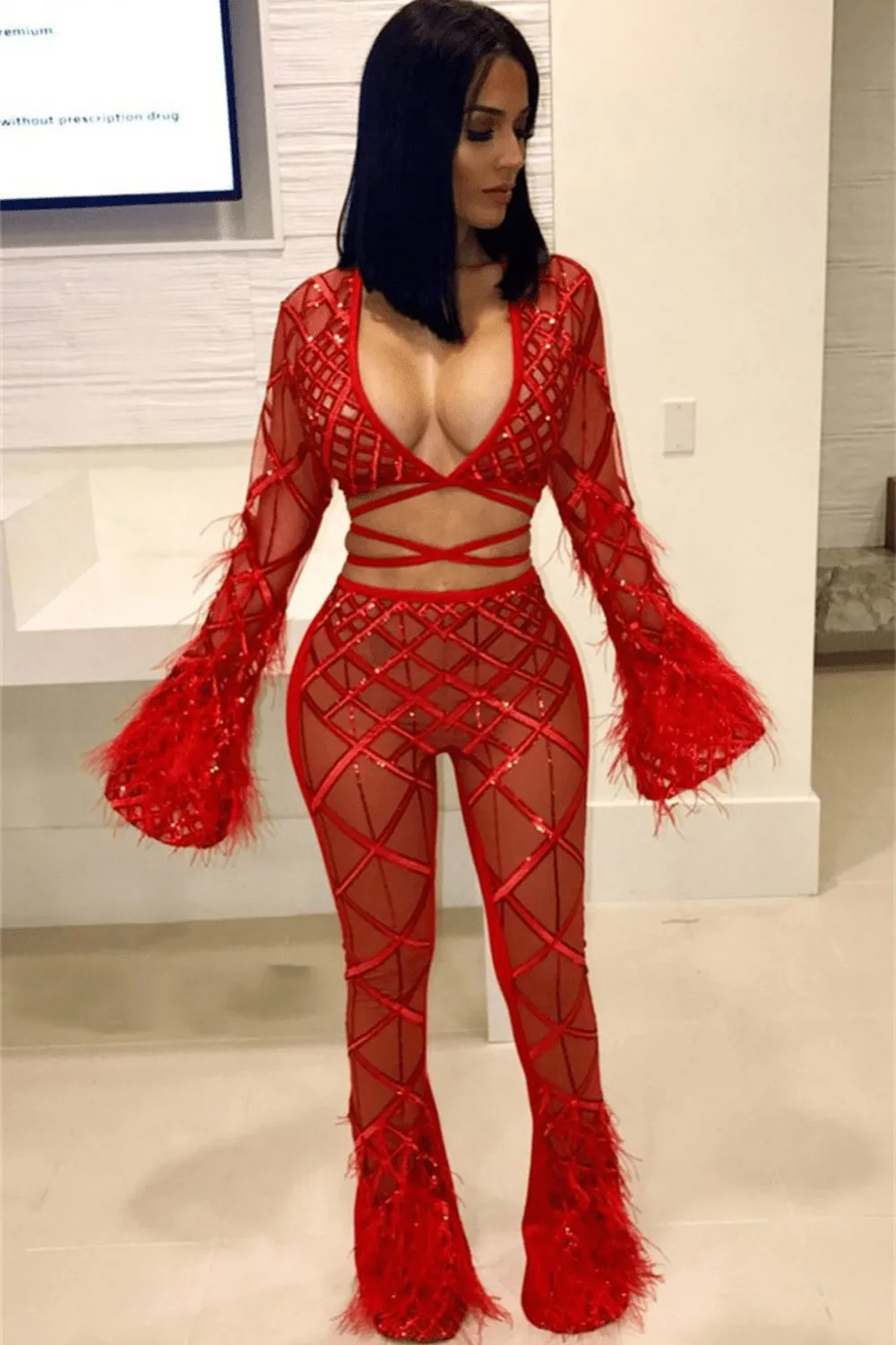 Feather Long Sleeve 2 Piece Red Jumpsuit Set