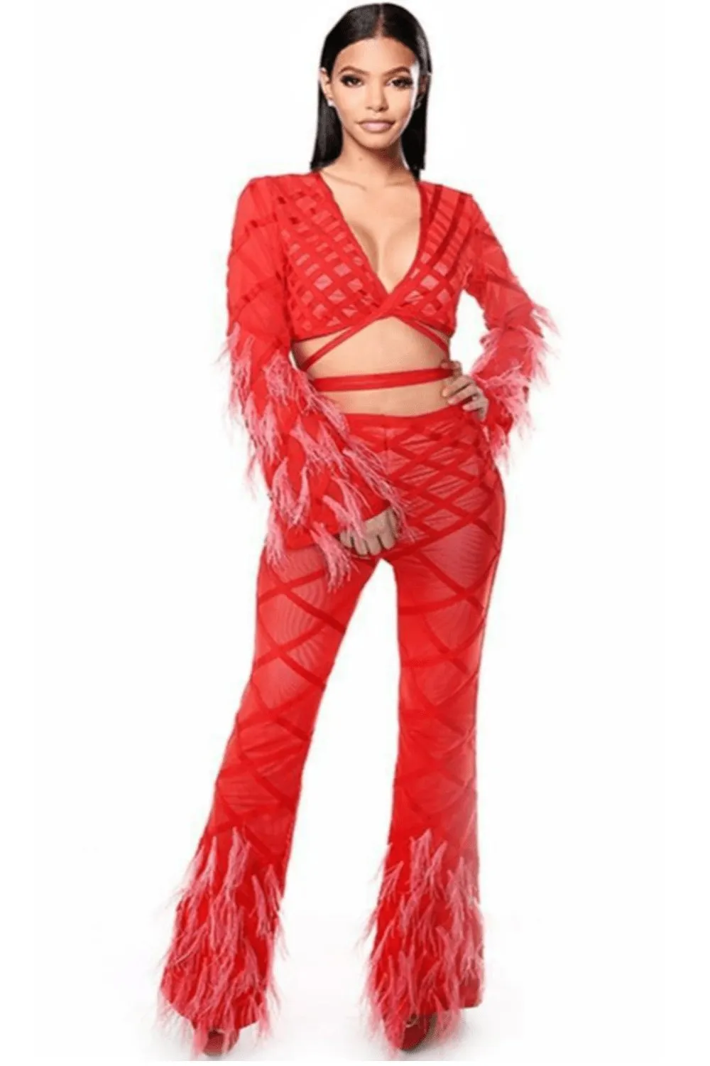 Feather Long Sleeve 2 Piece Red Jumpsuit Set