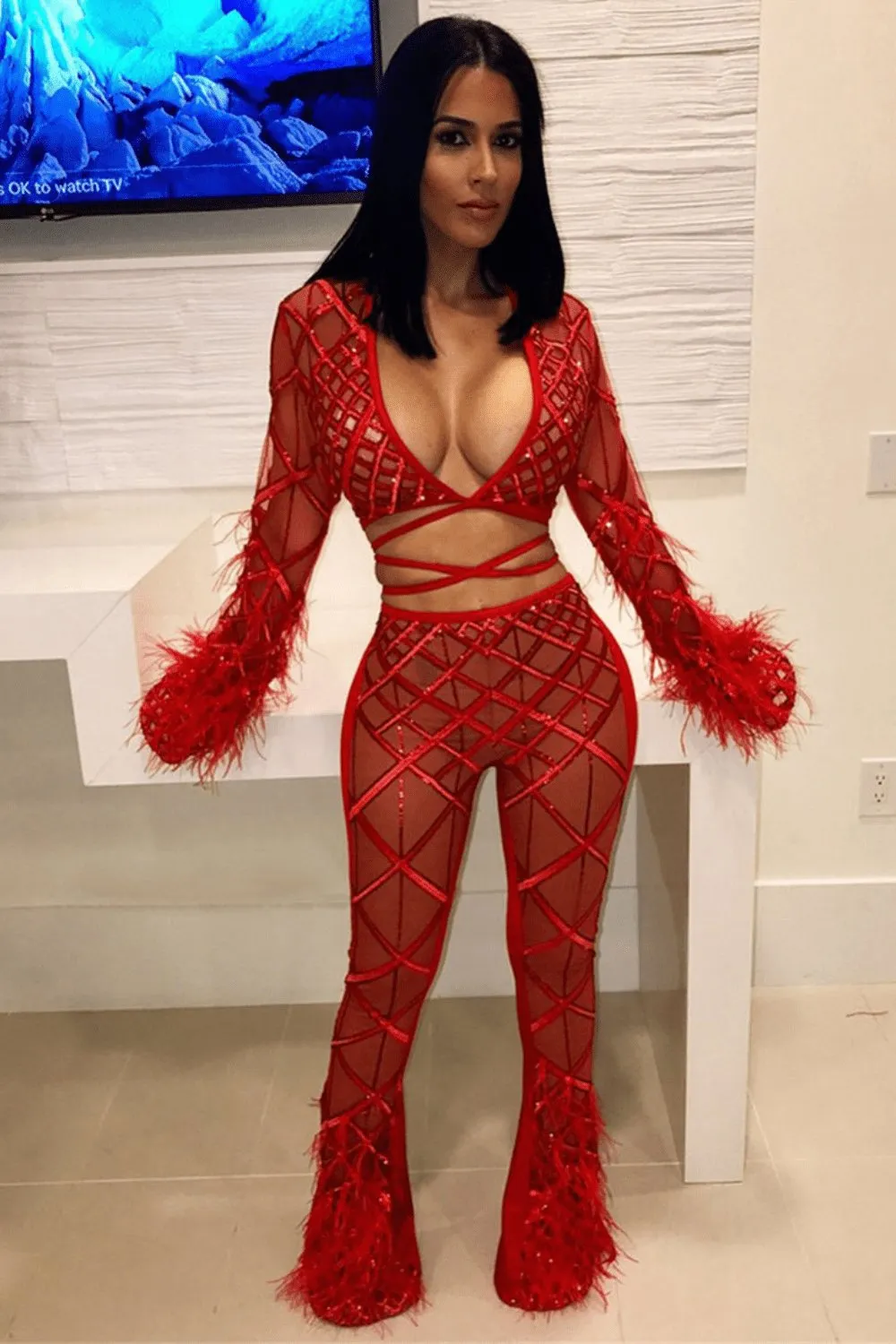 Feather Long Sleeve 2 Piece Red Jumpsuit Set