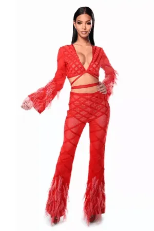 Feather Long Sleeve 2 Piece Red Jumpsuit Set