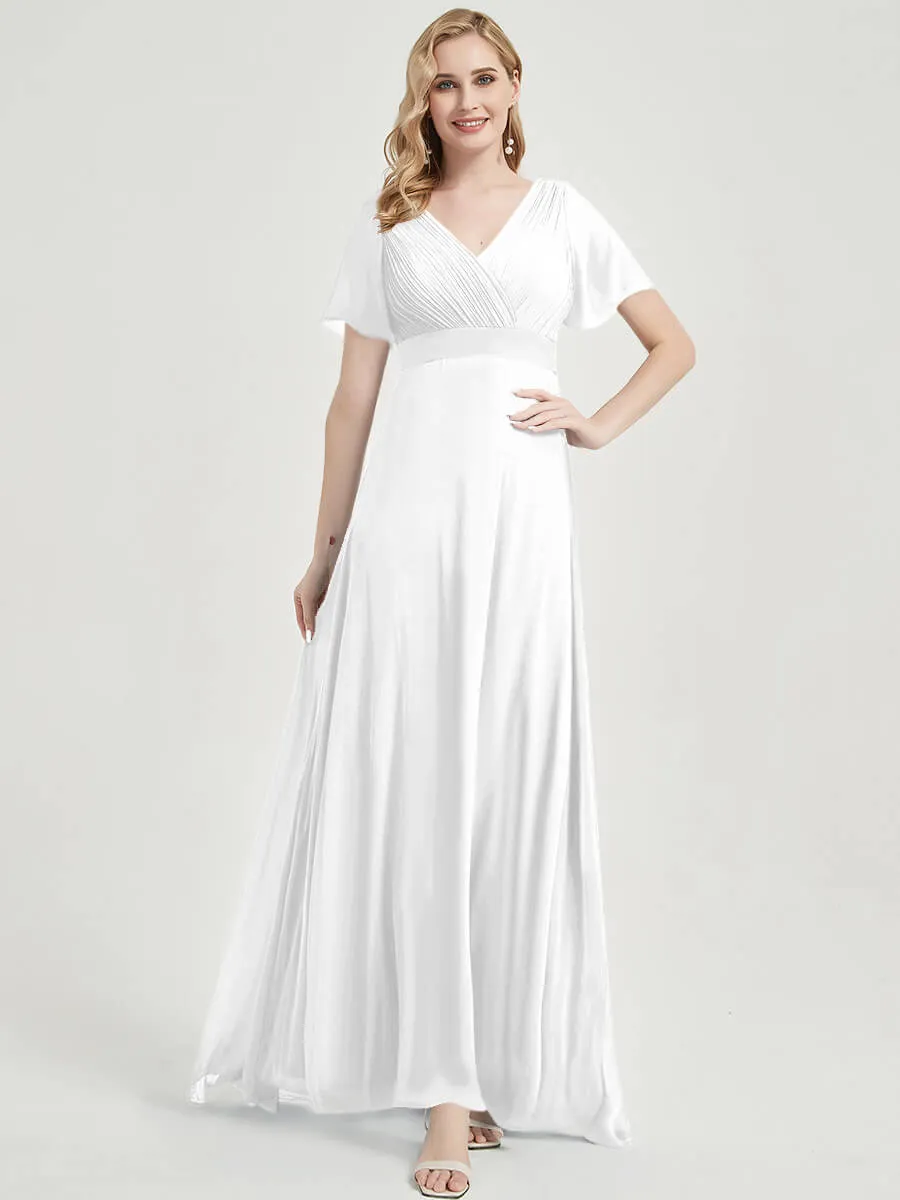 [Final Sale] White Ruffle Pleated Short Sleeve Bridesmaid Dresses for Wedding Party