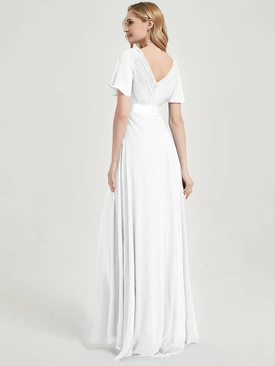 [Final Sale] White Ruffle Pleated Short Sleeve Bridesmaid Dresses for Wedding Party