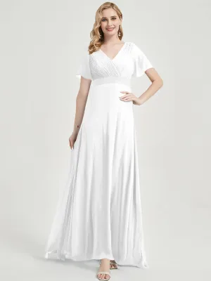 [Final Sale] White Ruffle Pleated Short Sleeve Bridesmaid Dresses for Wedding Party