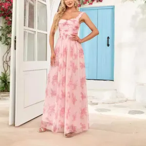 Floral Long Prom Dress Square Neck Pink Bridesmaid Dress Chiffon A Line Dress