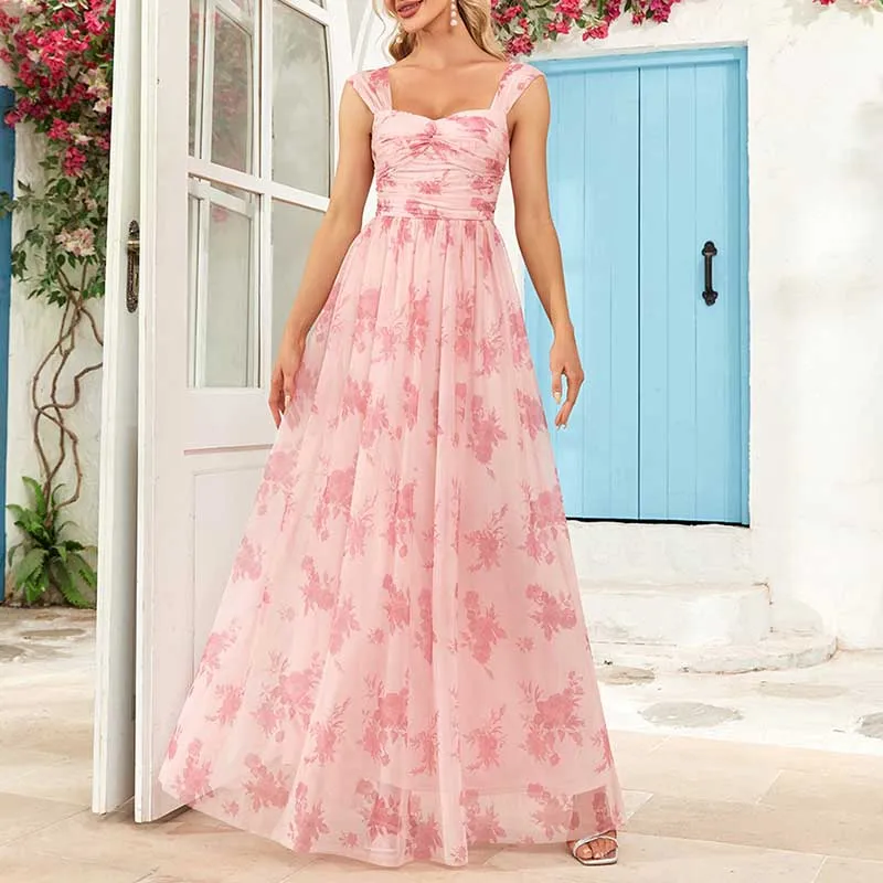 Floral Long Prom Dress Square Neck Pink Bridesmaid Dress Chiffon A Line Dress