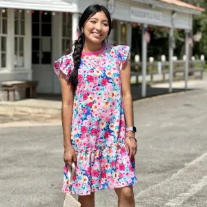 Floral print flutter sleeve ruffle dress