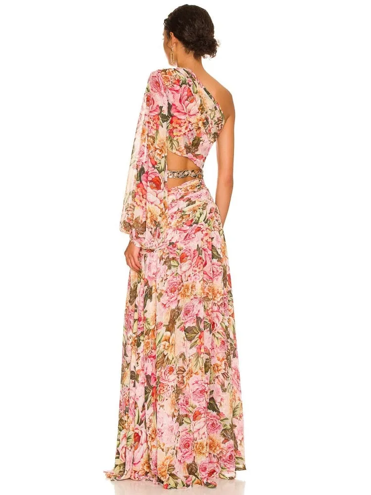 Floral Print One Shoulder Maxi Dress