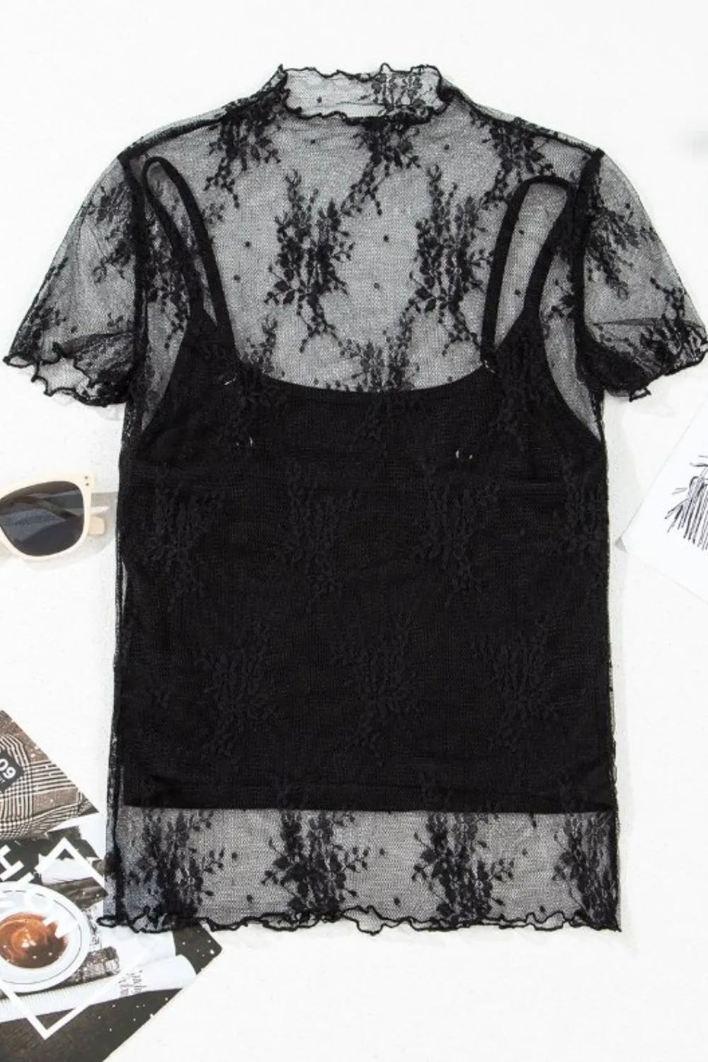 Floral Sheer Mesh Short Sleeve Top and Cami Set S-XL