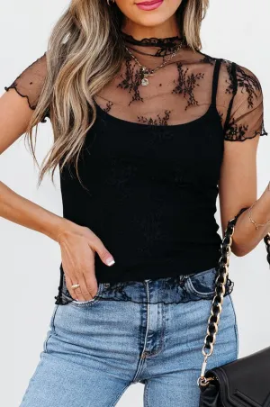 Floral Sheer Mesh Short Sleeve Top and Cami Set S-XL