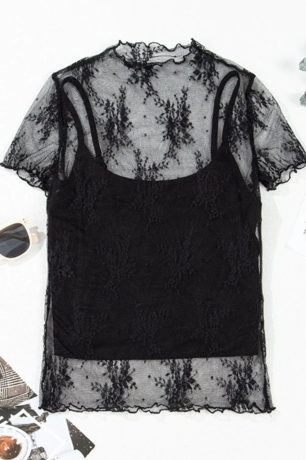 Floral Sheer Mesh Short Sleeve Top and Cami Set S-XL