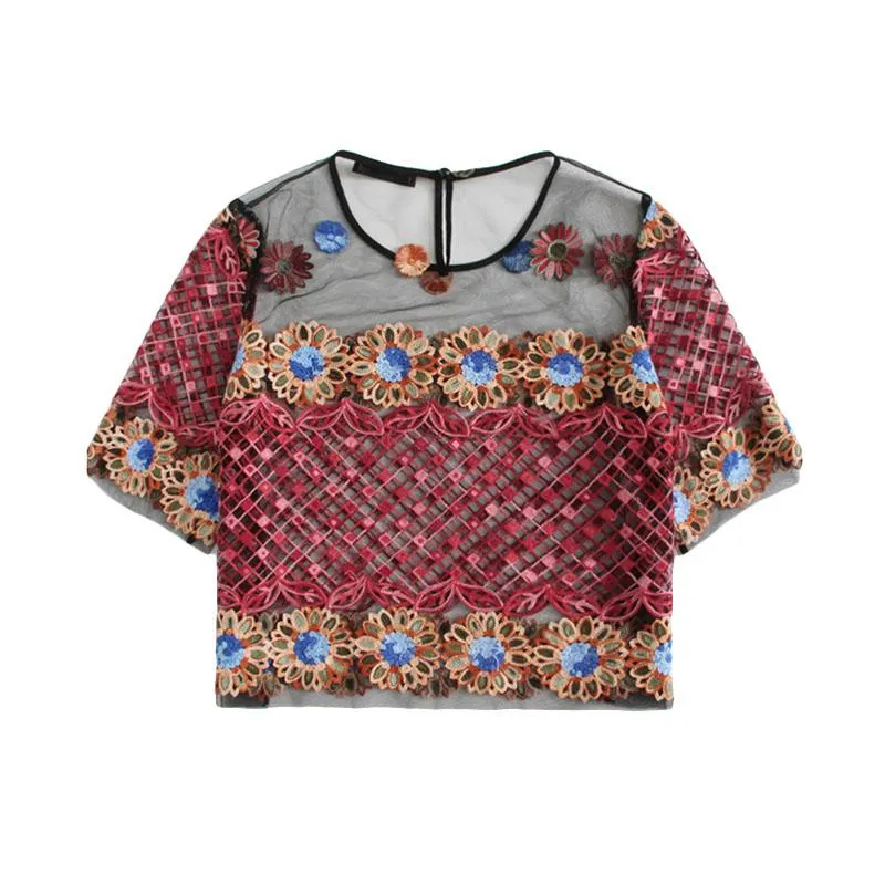 Flower Embroidery Mesh Crop Blouse