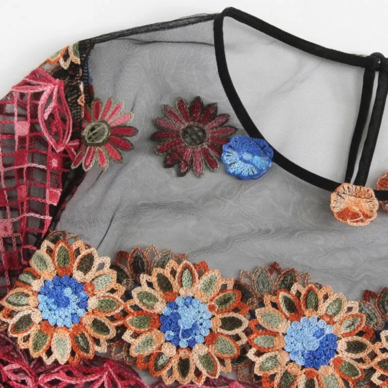 Flower Embroidery Mesh Crop Blouse