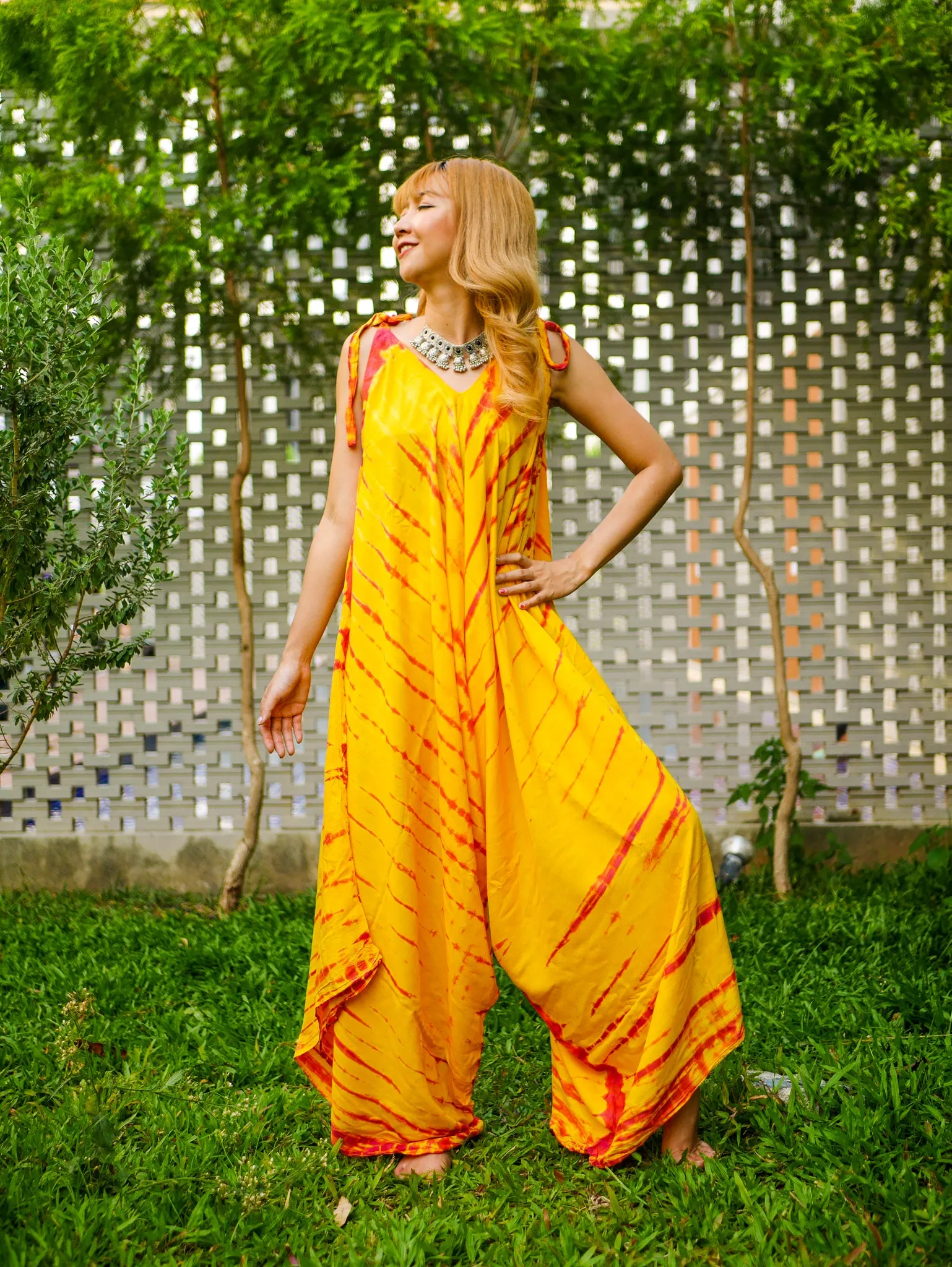 Golden Sunburst Hand Dyed Wide Leg Boho Hippie Jumpsuits Rompers Pants