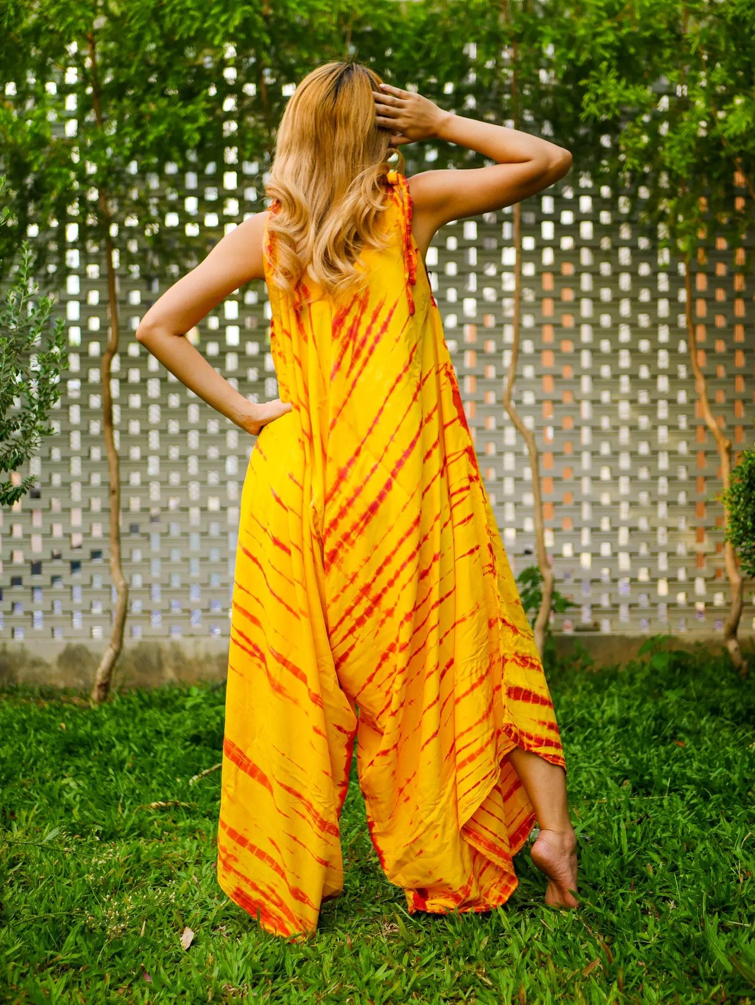 Golden Sunburst Hand Dyed Wide Leg Boho Hippie Jumpsuits Rompers Pants