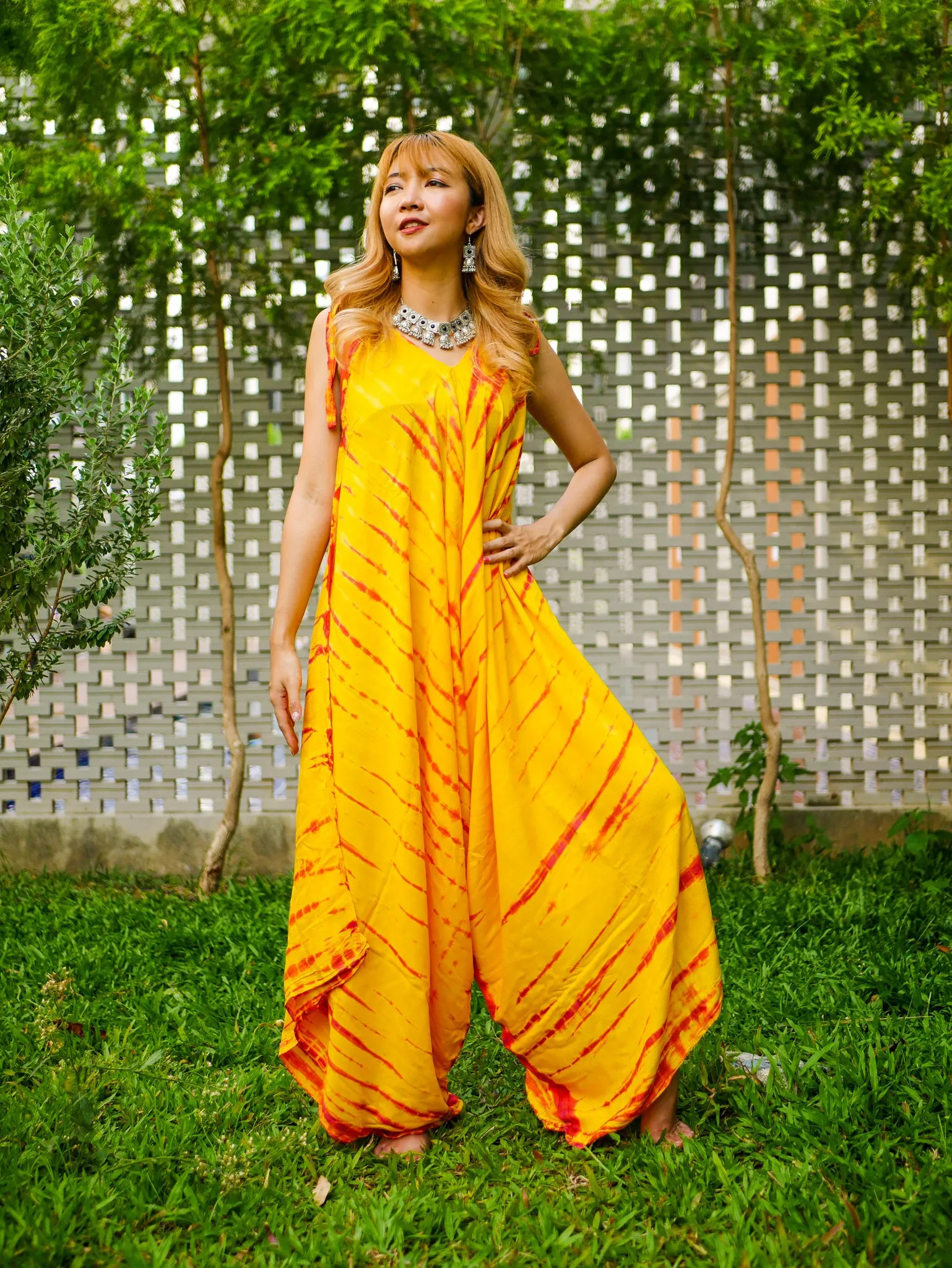 Golden Sunburst Hand Dyed Wide Leg Boho Hippie Jumpsuits Rompers Pants