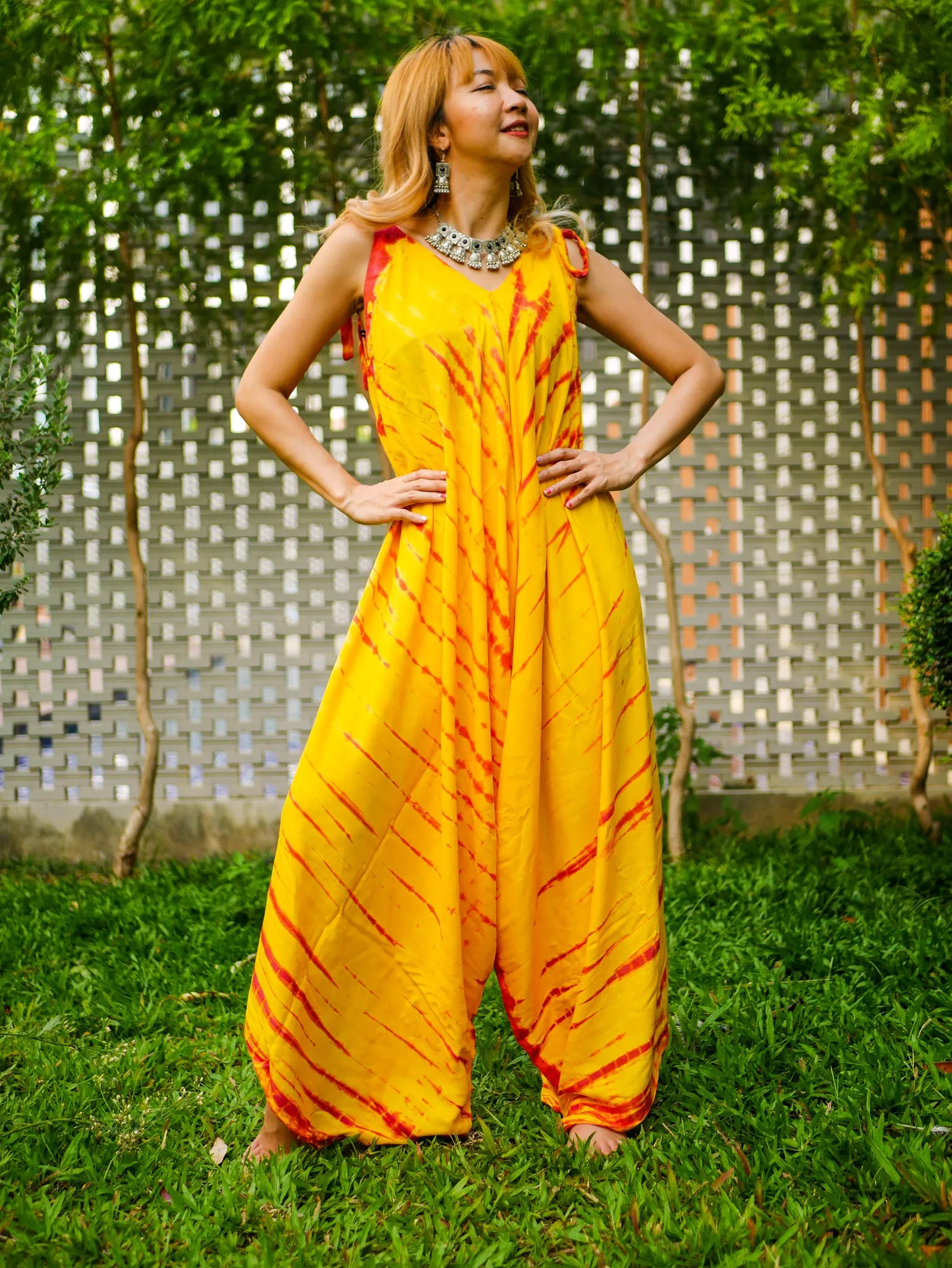 Golden Sunburst Hand Dyed Wide Leg Boho Hippie Jumpsuits Rompers Pants