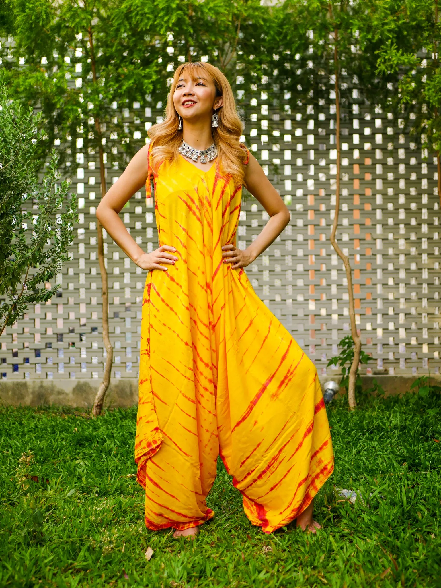 Golden Sunburst Hand Dyed Wide Leg Boho Hippie Jumpsuits Rompers Pants