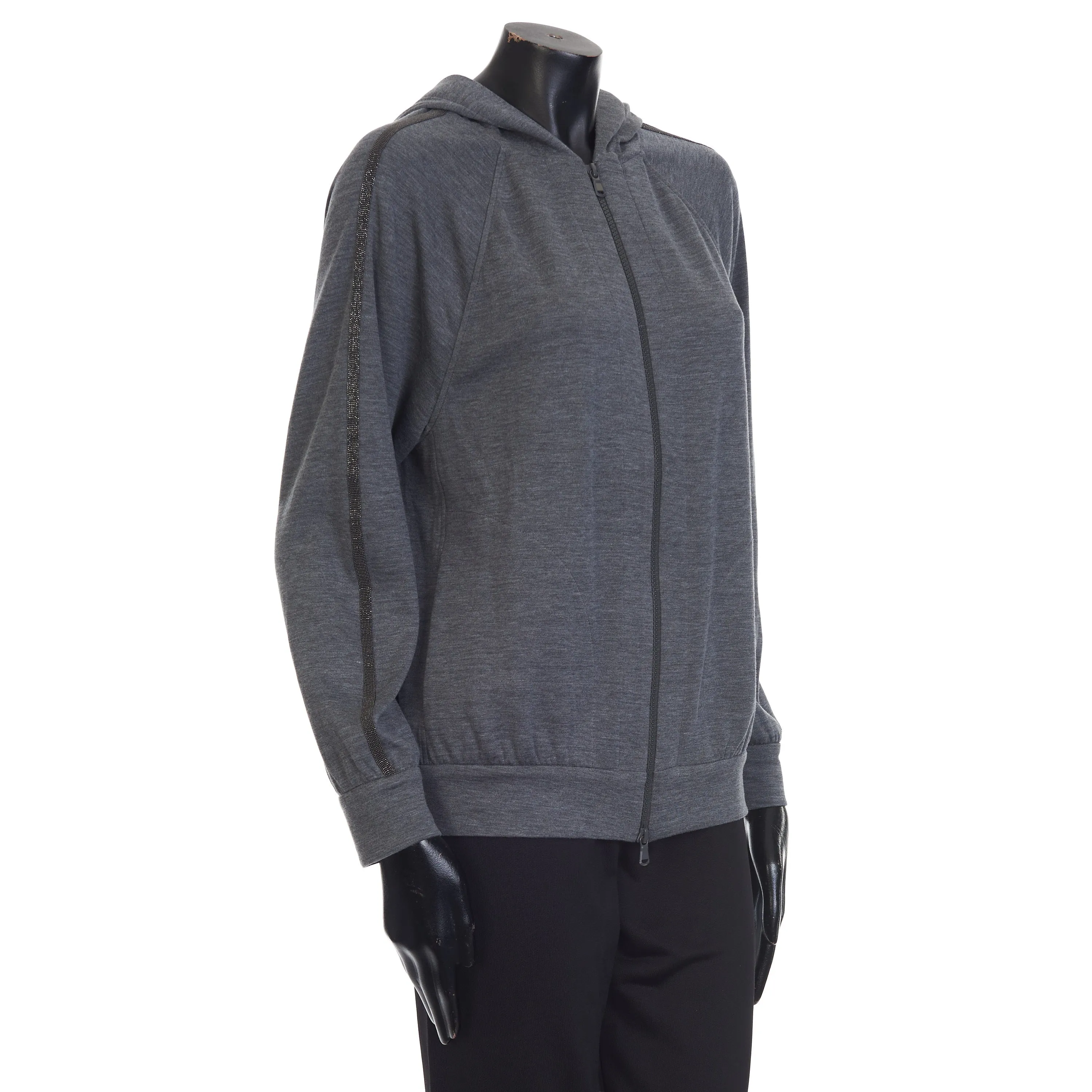Gray Interlock Hooded Sweatshirt - Monili Stripe Embroidery, Cotton & Silk
