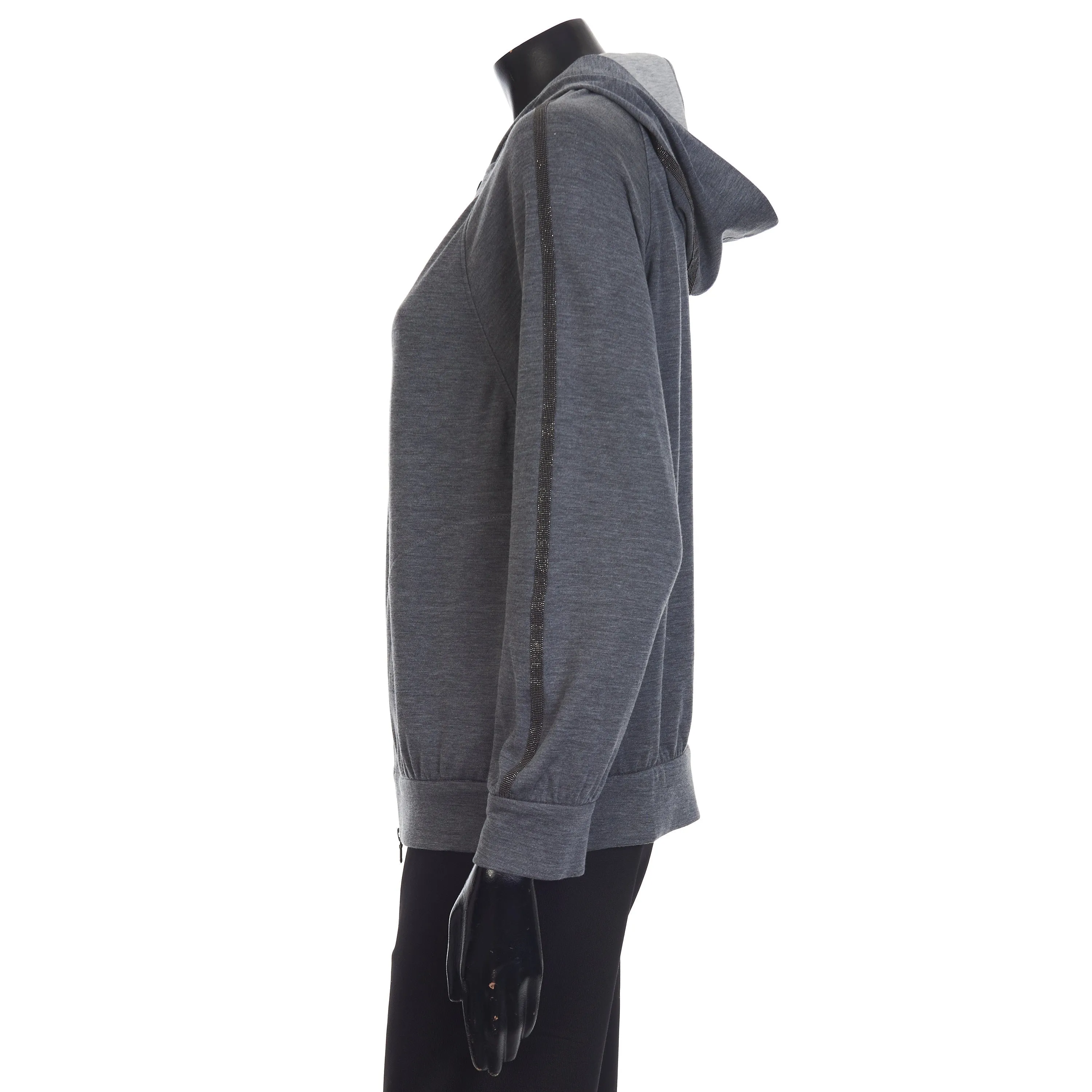 Gray Interlock Hooded Sweatshirt - Monili Stripe Embroidery, Cotton & Silk