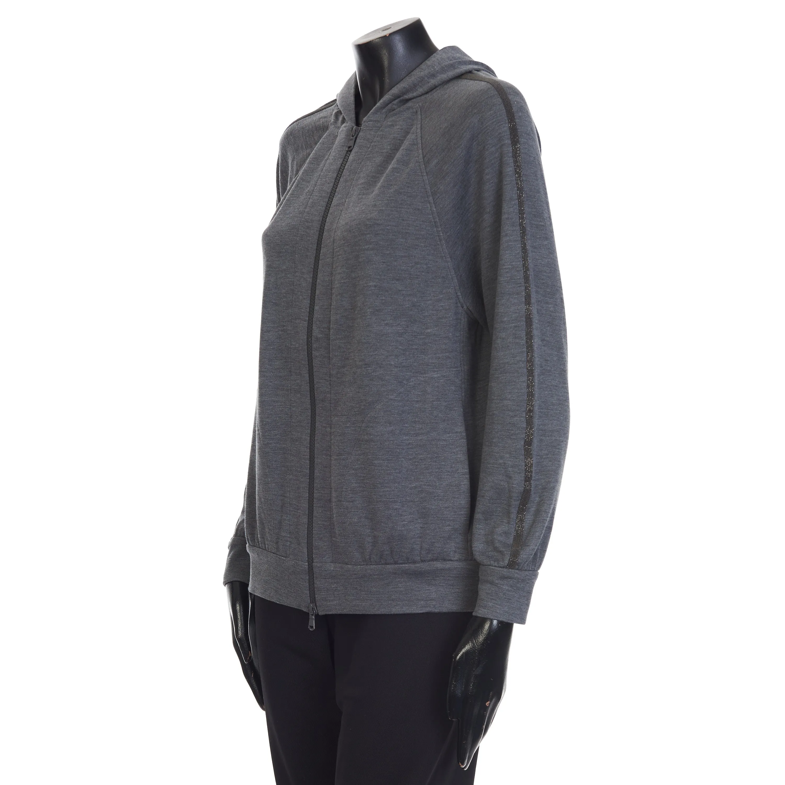 Gray Interlock Hooded Sweatshirt - Monili Stripe Embroidery, Cotton & Silk