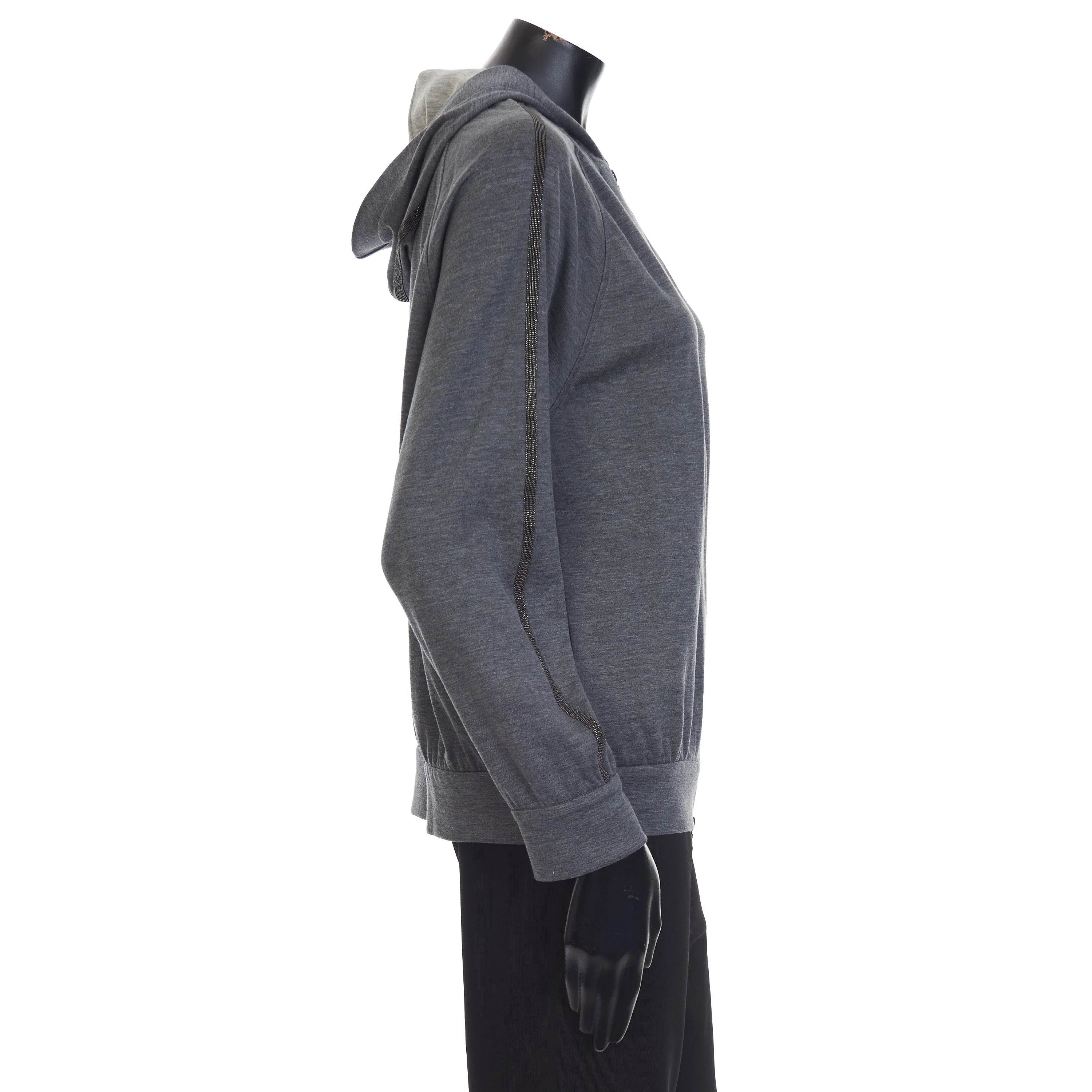 Gray Interlock Hooded Sweatshirt - Monili Stripe Embroidery, Cotton & Silk