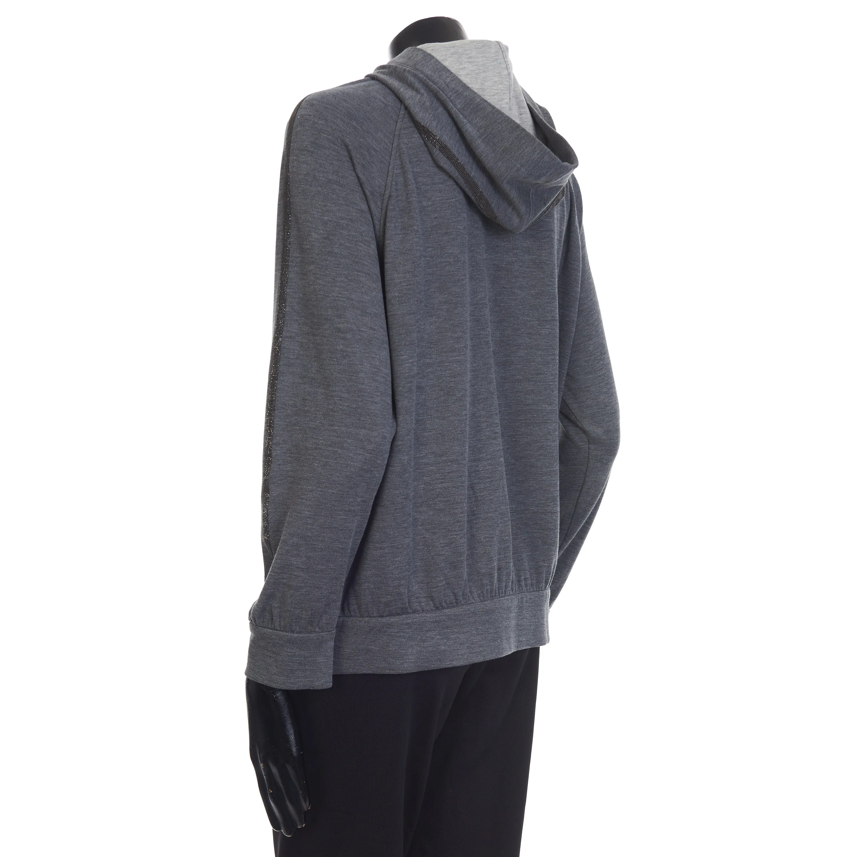 Gray Interlock Hooded Sweatshirt - Monili Stripe Embroidery, Cotton & Silk