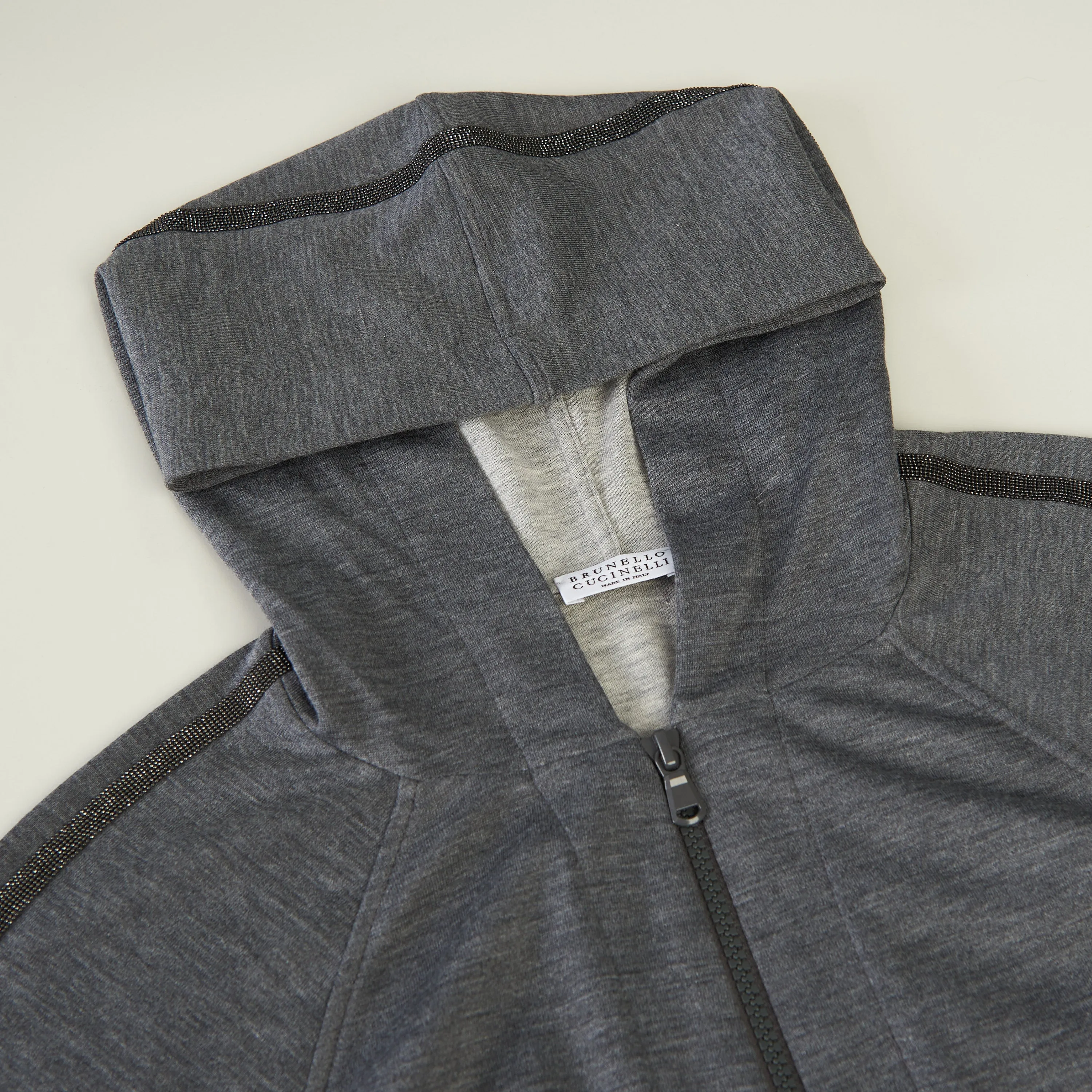 Gray Interlock Hooded Sweatshirt - Monili Stripe Embroidery, Cotton & Silk