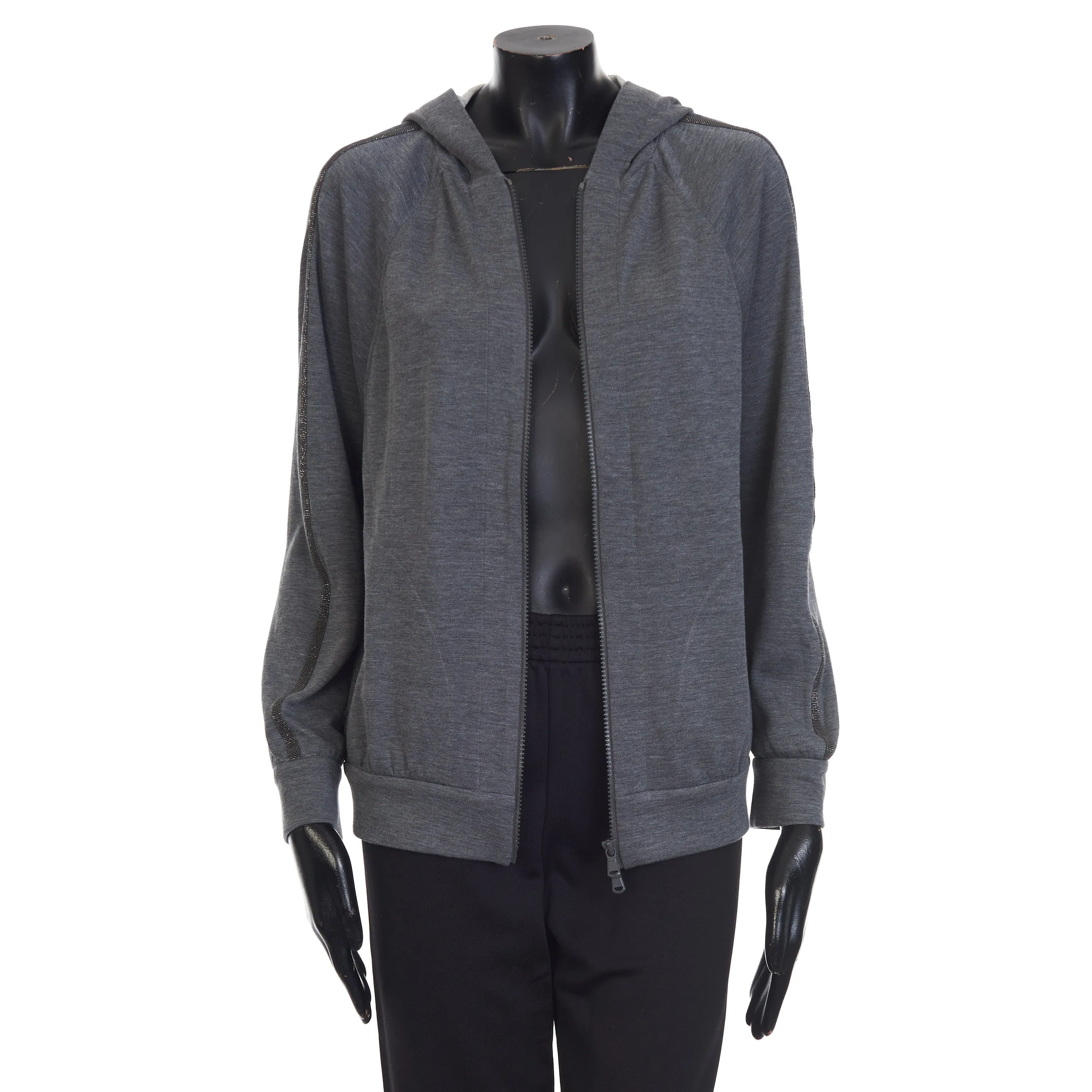 Gray Interlock Hooded Sweatshirt - Monili Stripe Embroidery, Cotton & Silk