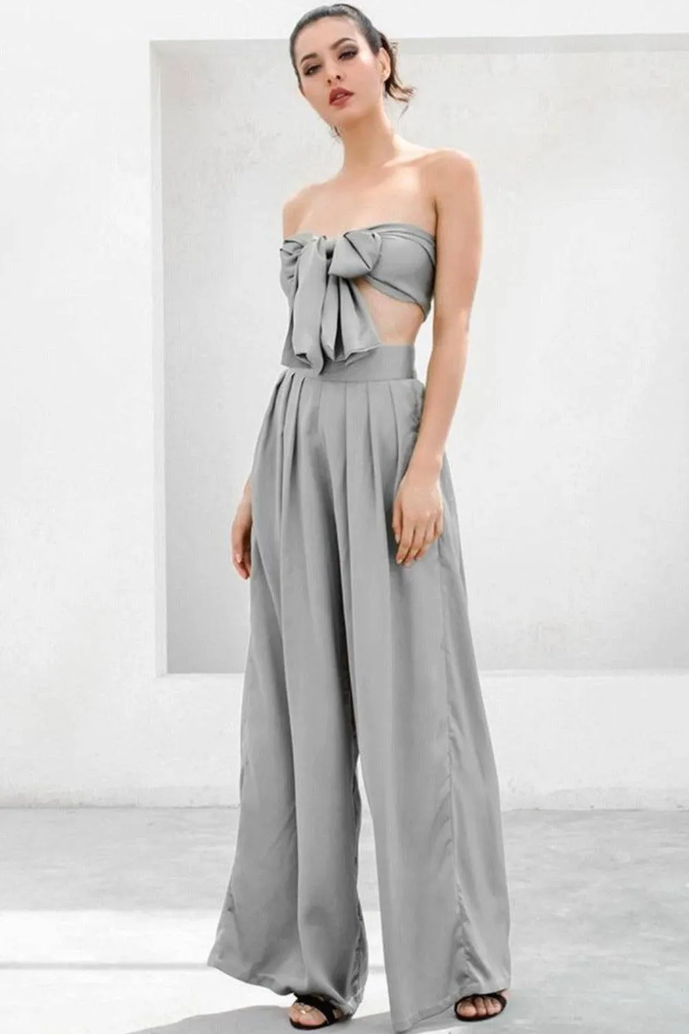 Gray Strapless Tie Front High Waist Jumpsuit Pants Set