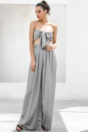 Gray Strapless Tie Front High Waist Jumpsuit Pants Set