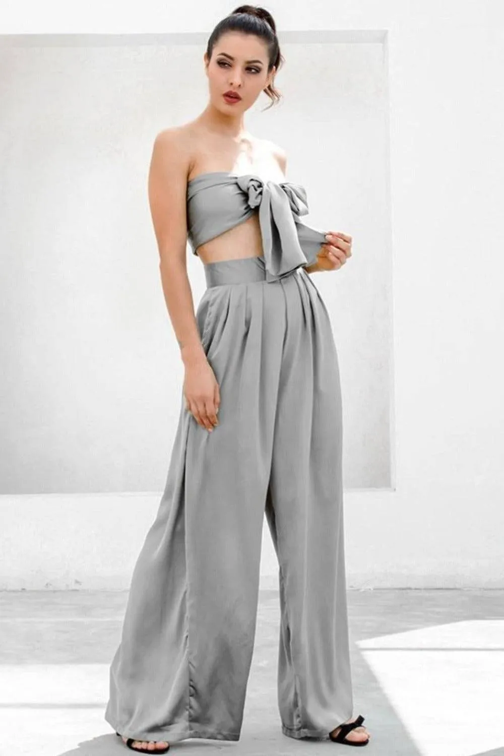 Gray Strapless Tie Front High Waist Jumpsuit Pants Set