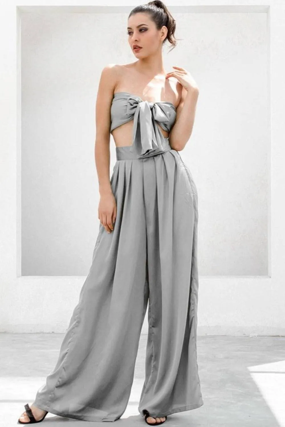 Gray Strapless Tie Front High Waist Jumpsuit Pants Set