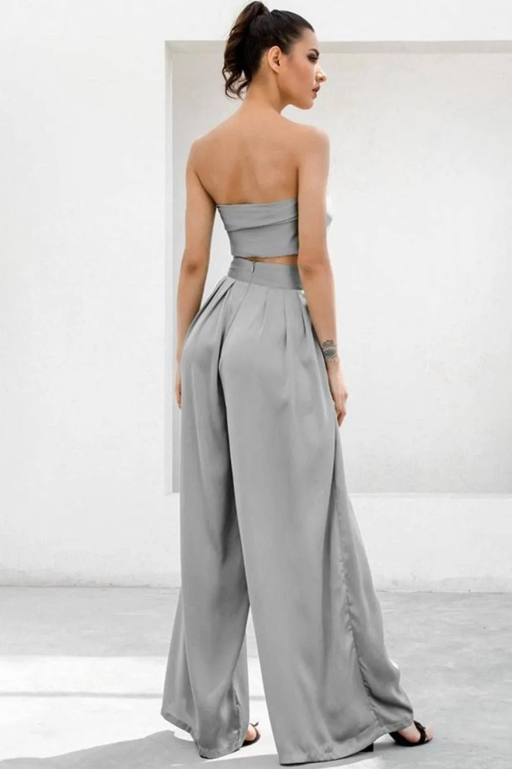 Gray Strapless Tie Front High Waist Jumpsuit Pants Set
