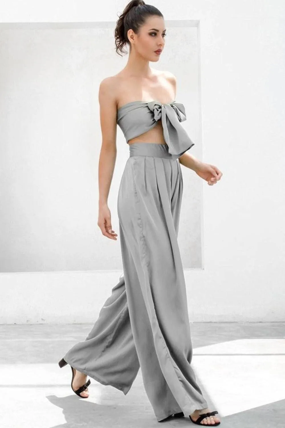 Gray Strapless Tie Front High Waist Jumpsuit Pants Set