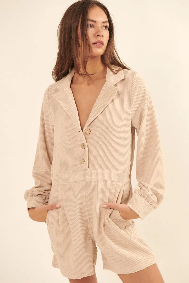 Half Button Up Woven Corduroy Romper