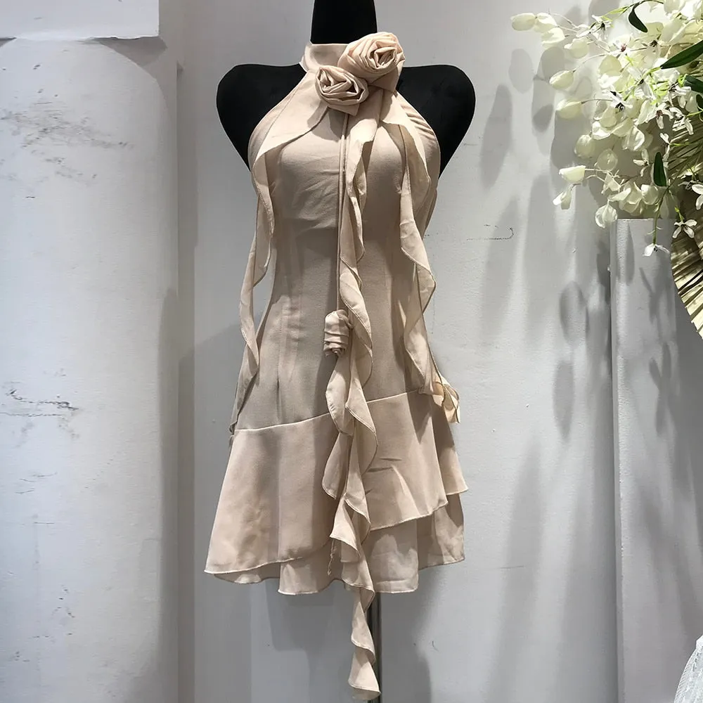 Halter High Waist Backless Irregular Ruffles Spliced Appliques Dresses