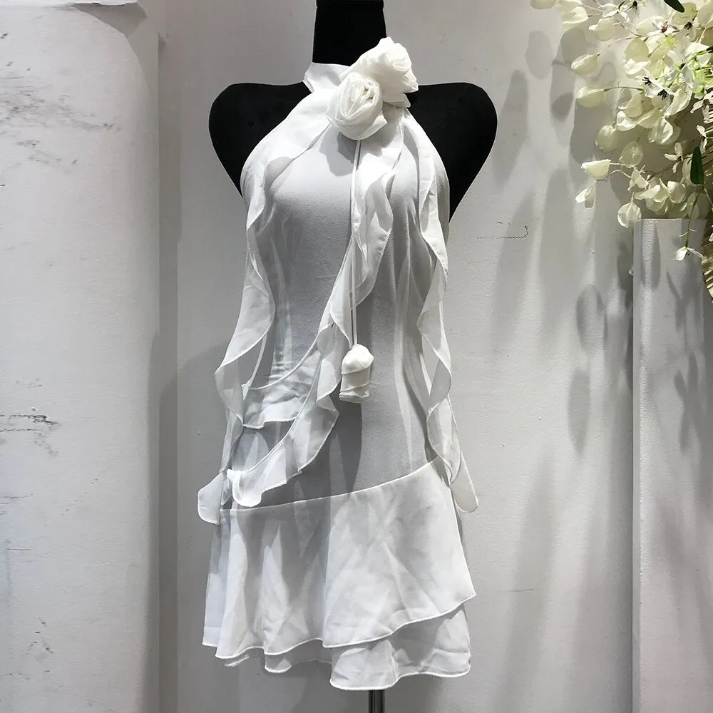 Halter High Waist Backless Irregular Ruffles Spliced Appliques Dresses