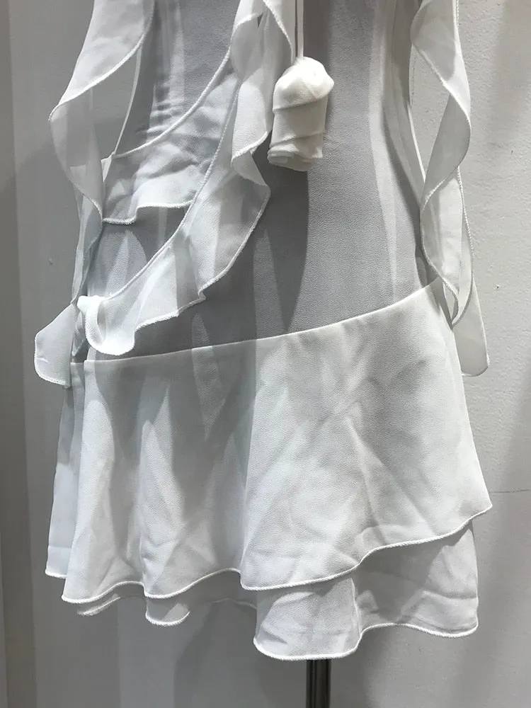 Halter High Waist Backless Irregular Ruffles Spliced Appliques Dresses