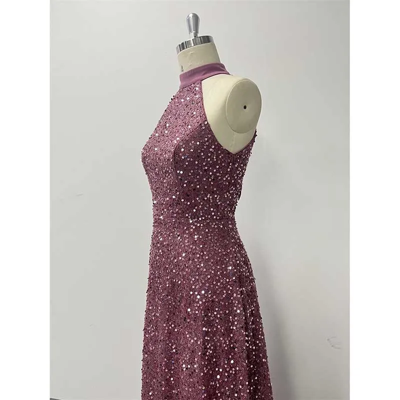 Halter Neck Sequin Wedding Guest Dress Dust Rose Long Evening Dress