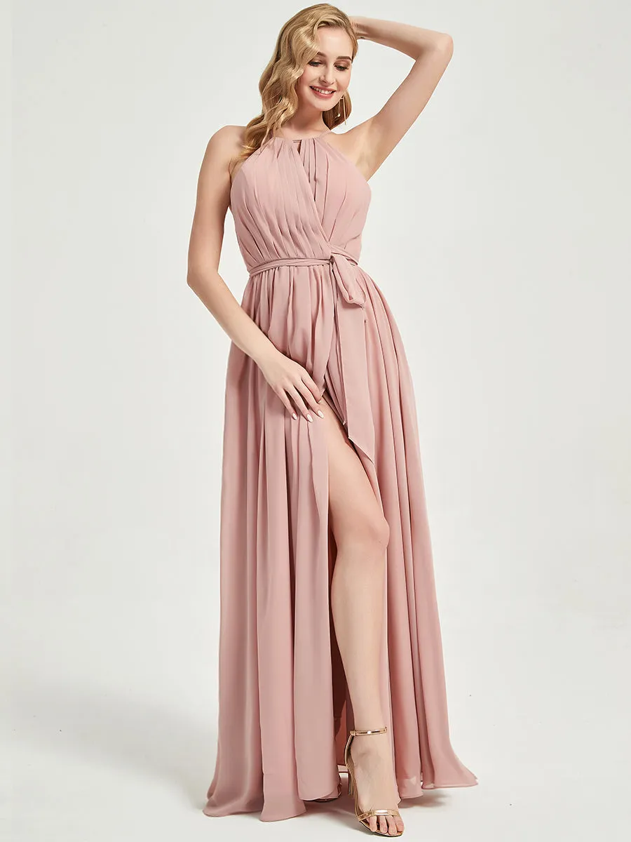 Halter Neck Slit Wrap Dusty Pink Chiffon Bridesmaid Dress Floor Length
